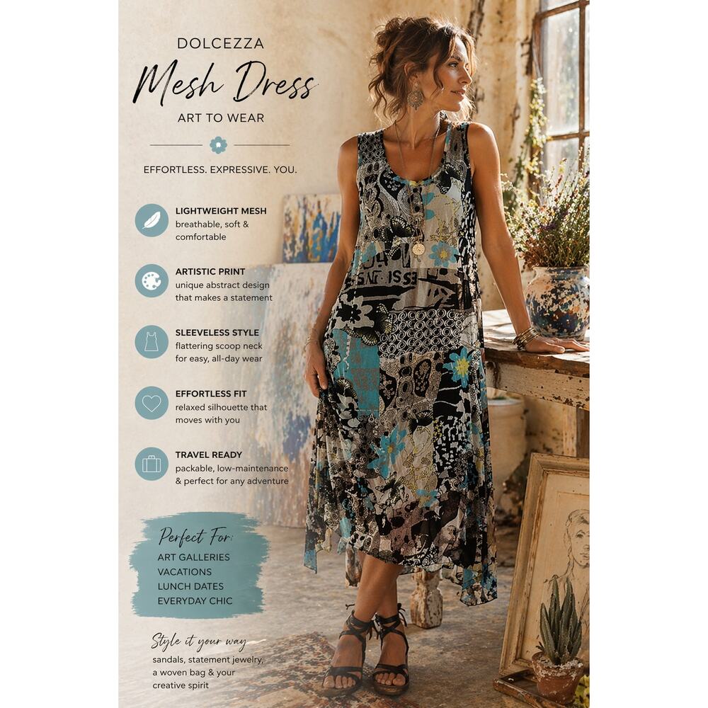 Dolcezza Dress Sleeveless Mesh Abstract Print Midi Art To Wear Boho Hem Ruched